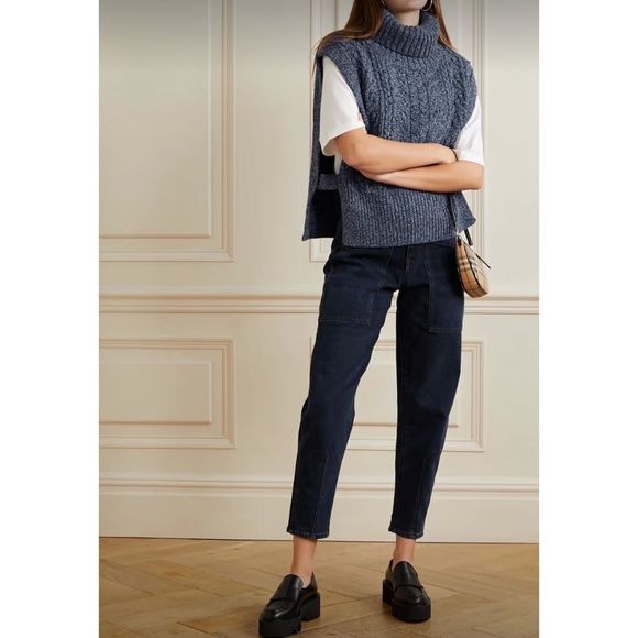 VERONICA Beard Collina Cable Knit Turtleneck Vest Sweater Blue Merino Wool Silk - Picture 1 of 12